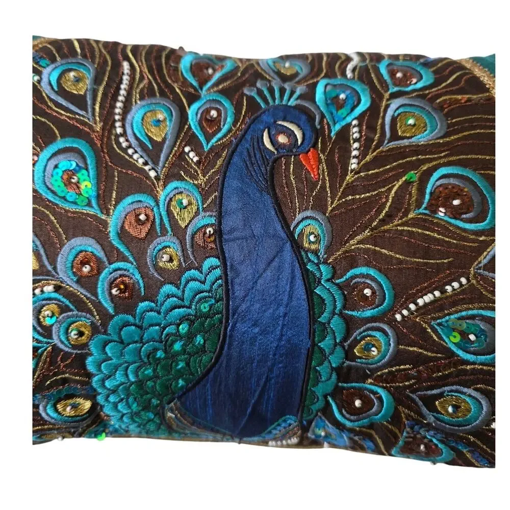 Pier 1 Teal Blue Peacock Lumbar Pillow Embroidered Beaded Sequined Throw Cushion